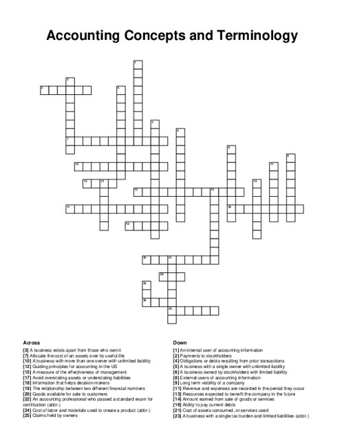 Accounting Concepts and Terminology Crossword Puzzle