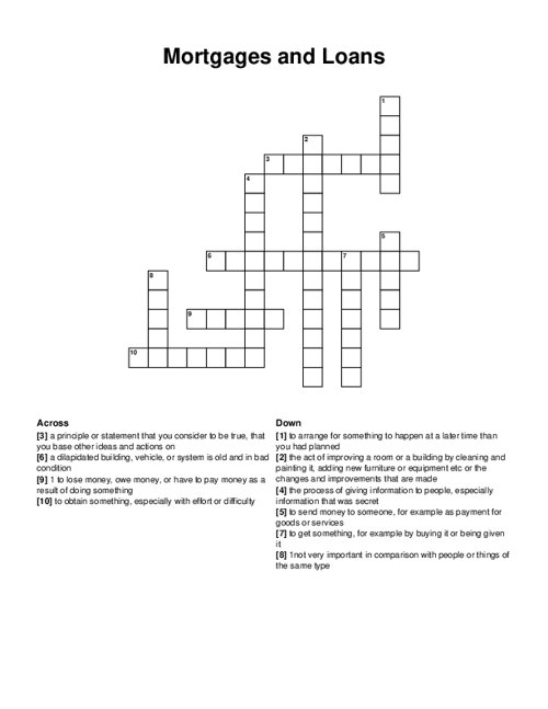 Mortgages and Loans Crossword Puzzle