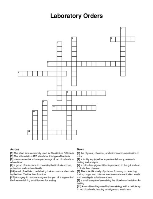 Laboratory Orders Crossword Puzzle