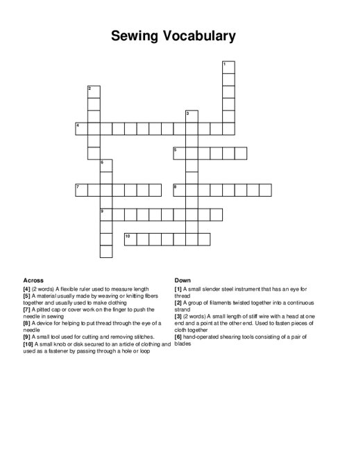 Sewing Vocabulary Crossword Puzzle