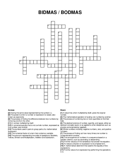 BIDMAS / BODMAS Crossword Puzzle