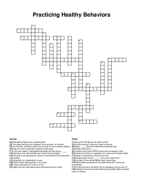 Practicing Healthy Behaviors Crossword Puzzle