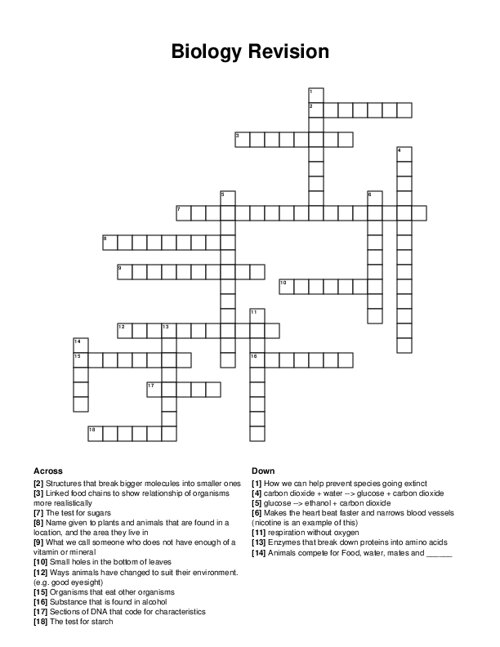 Biology Revision Crossword Puzzle