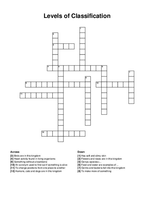 Levels of Classification Crossword Puzzle