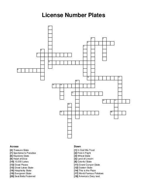 License Number Plates Crossword Puzzle