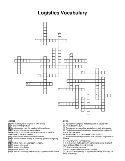 Logistics Vocabulary Crossword Puzzle