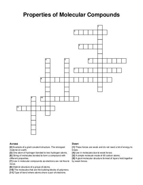 Properties of Molecular Compounds Crossword Puzzle