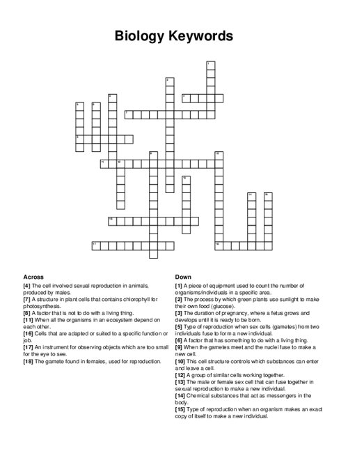 Biology Keywords Crossword Puzzle