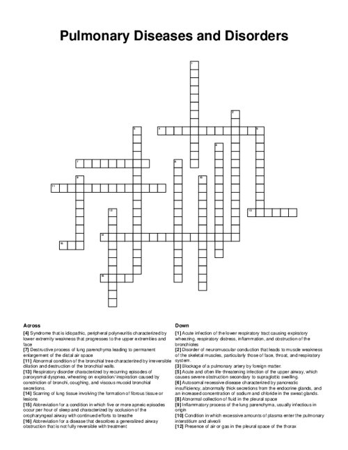 Pulmonary Diseases and Disorders Crossword Puzzle