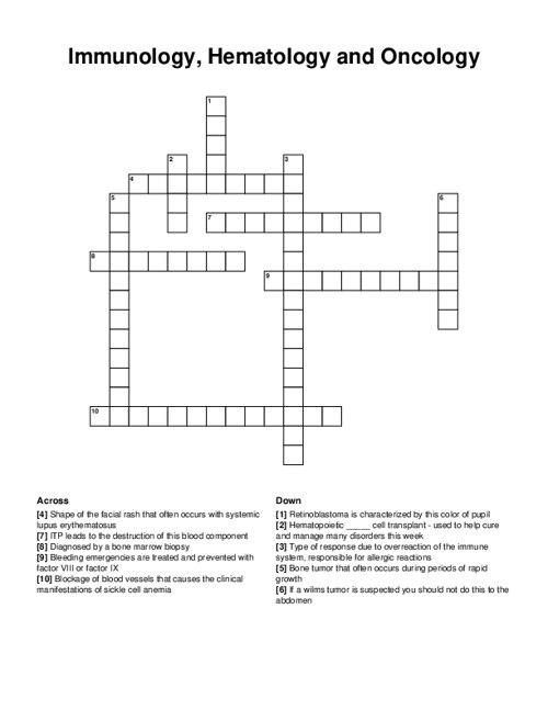 Immunology, Hematology and Oncology Crossword Puzzle