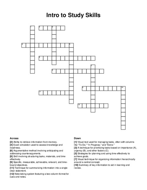 Intro to Study Skills Crossword Puzzle