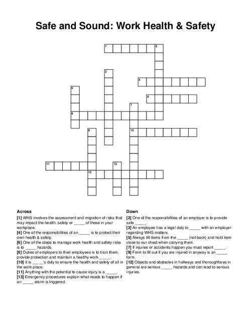 Safe and Sound: Work Health & Safety Crossword Puzzle