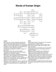 Words of Korean Origin crossword puzzle