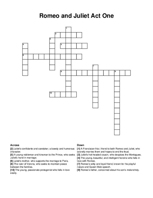 Romeo and Juliet Act One Crossword Puzzle