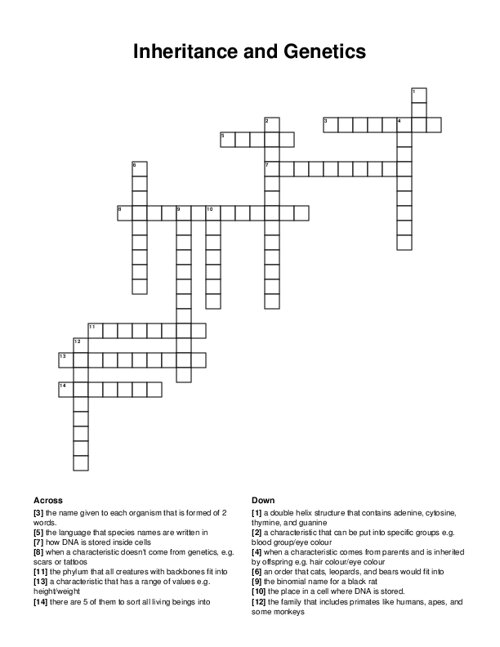 Inheritance and Genetics Crossword Puzzle