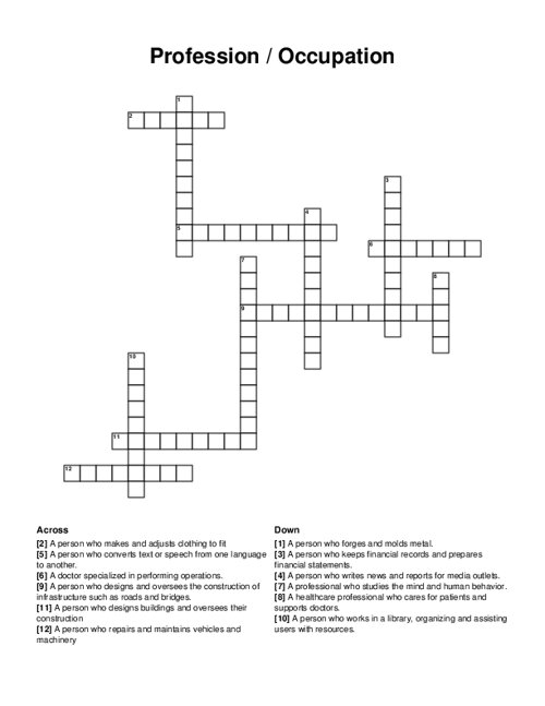 Profession / Occupation Crossword Puzzle