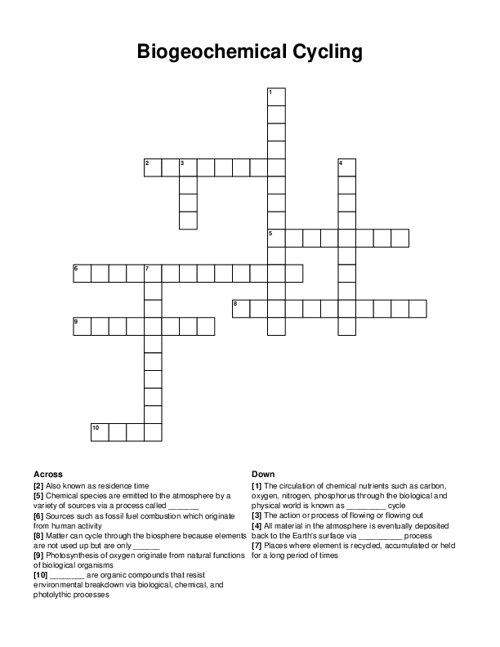 Biogeochemical Cycling Crossword Puzzle