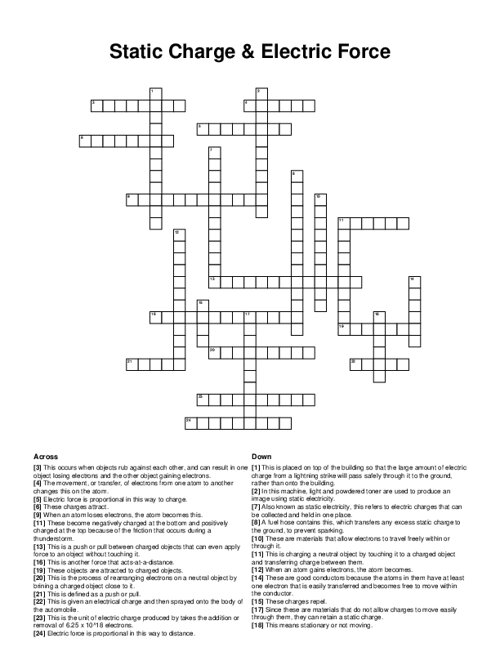 Static Charge & Electric Force Crossword Puzzle