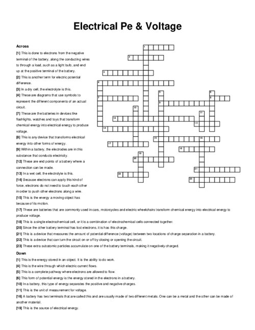 Electrical Pe & Voltage Crossword Puzzle