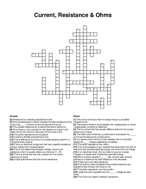 Current, Resistance & Ohms Crossword Puzzle