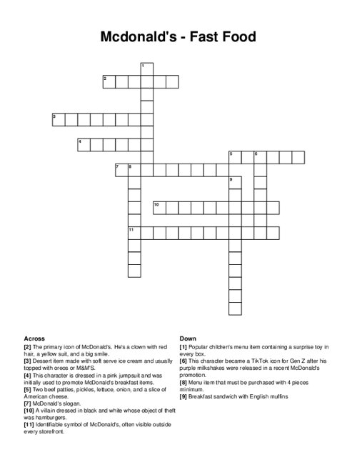 Mcdonalds - Fast Food Crossword Puzzle