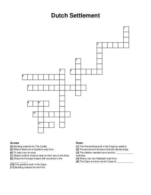 Dutch Settlement Crossword Puzzle