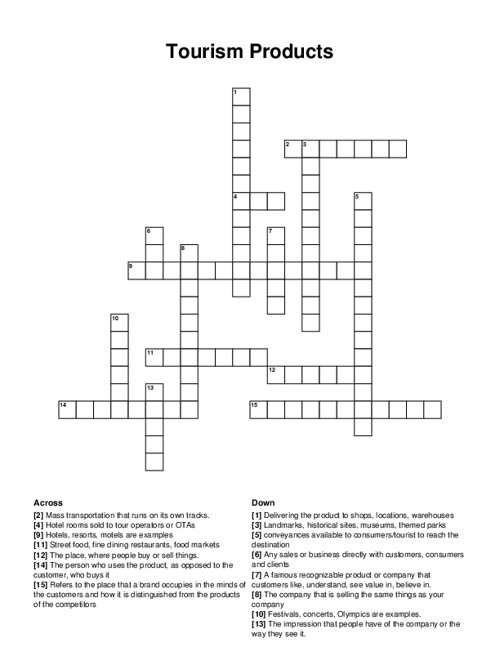 Tourism Products Crossword Puzzle