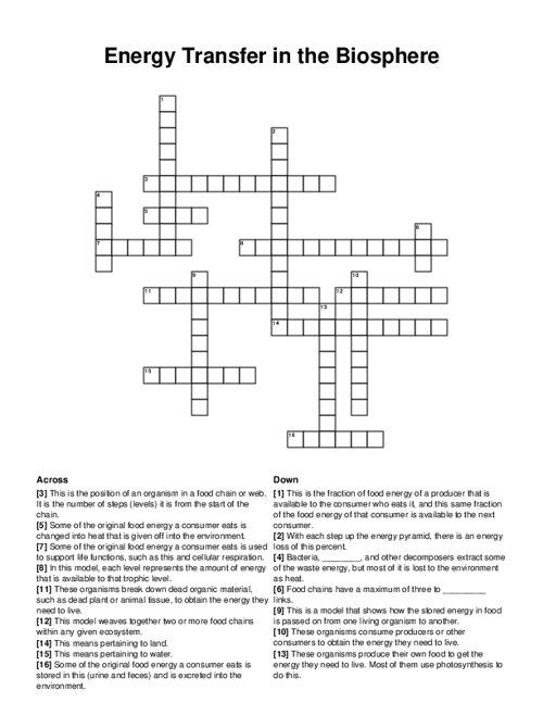 Energy Transfer in the Biosphere Crossword Puzzle