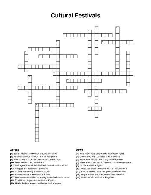 Cultural Festivals Crossword Puzzle