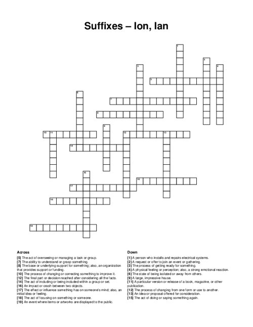 Suffixes – Ion, Ian Crossword Puzzle