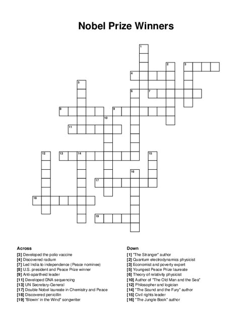 Nobel Prize Winners Crossword Puzzle