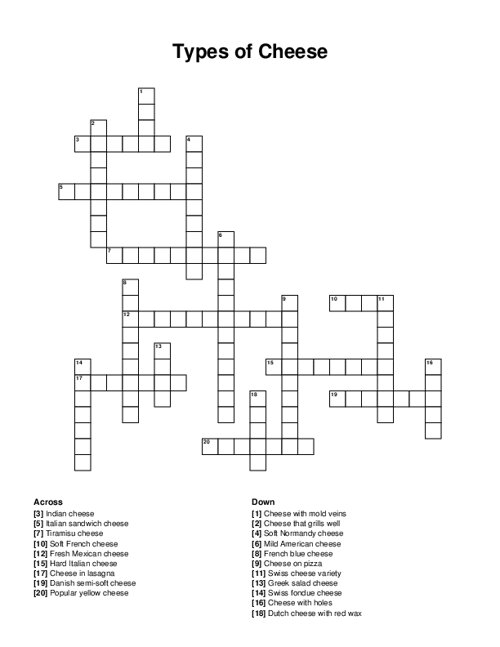 Types of Cheese Crossword Puzzle