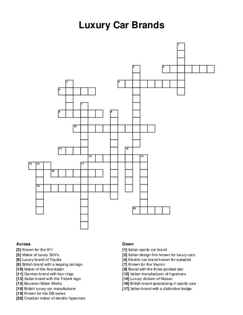 Luxury Car Brands Crossword Puzzle