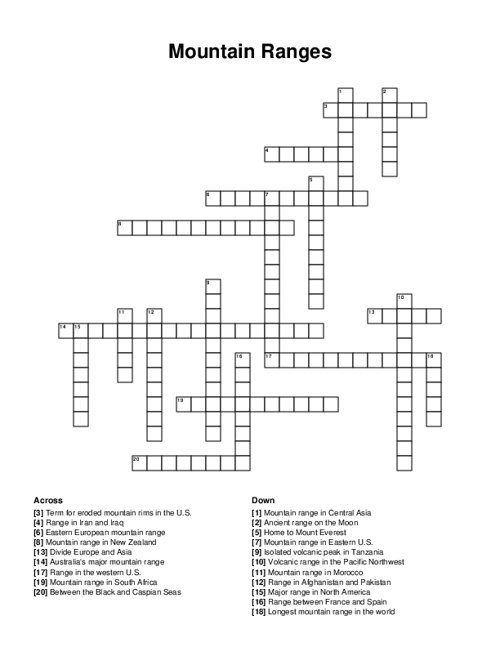 Mountain Ranges Crossword Puzzle