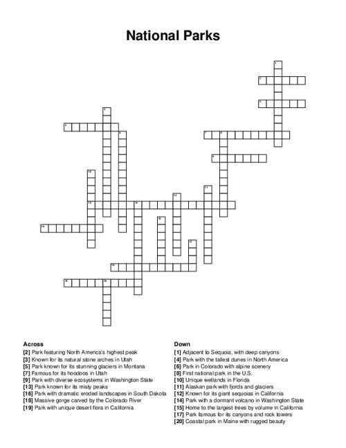 National Parks Crossword Puzzle