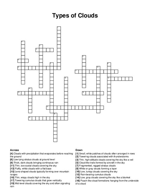 Types of Clouds Crossword Puzzle