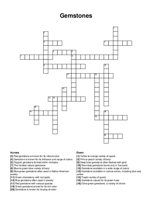 Gemstones Crossword Puzzle