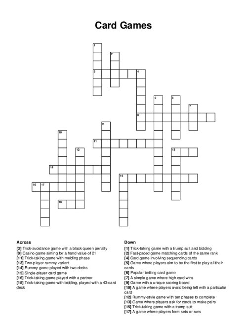 Card Games Crossword Puzzle