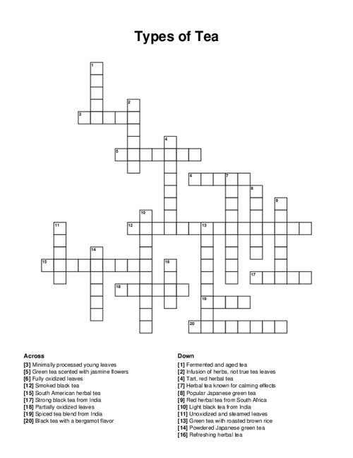 Types of Tea Crossword Puzzle