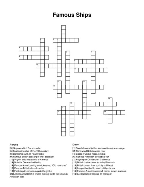 Famous Ships Crossword Puzzle