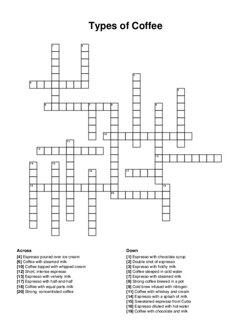 Types of Coffee Crossword Puzzle