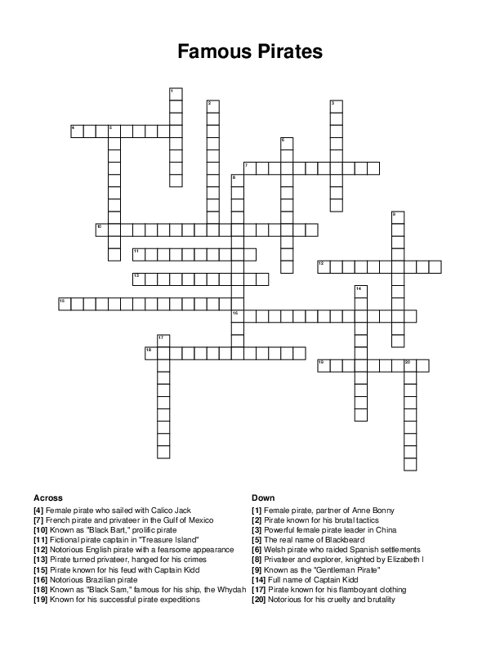 Famous Pirates Crossword Puzzle