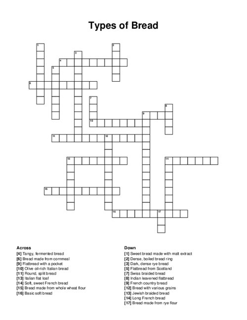 Types of Bread Crossword Puzzle