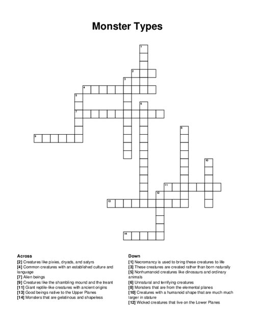 Monster Types Crossword Puzzle