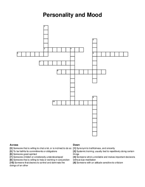 Personality and Mood Crossword Puzzle