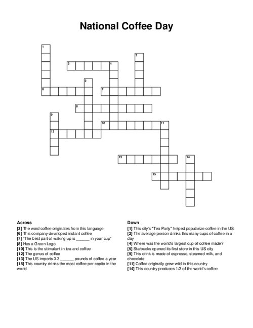 National Coffee Day Crossword Puzzle