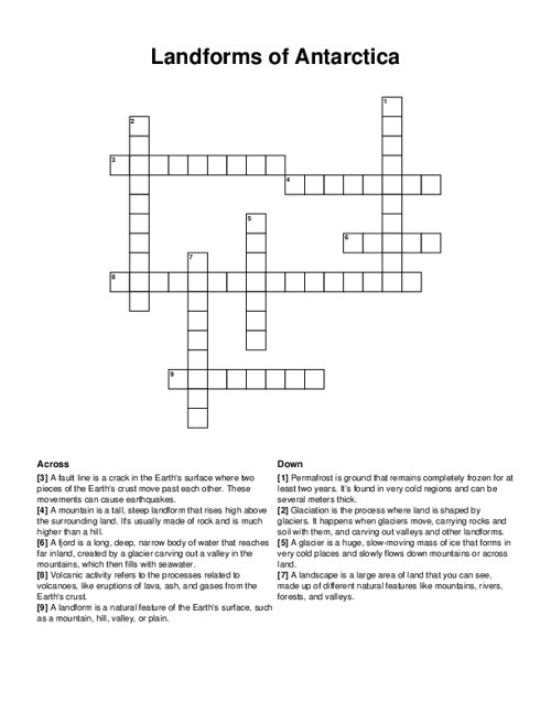 Landforms of Antarctica Crossword Puzzle