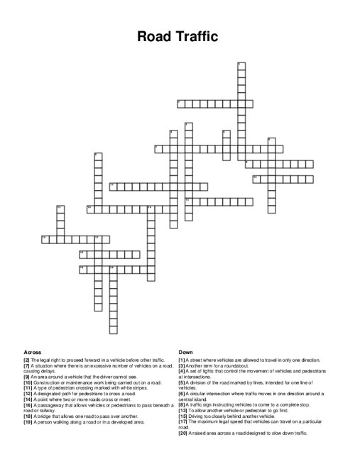 Road Traffic Crossword Puzzle