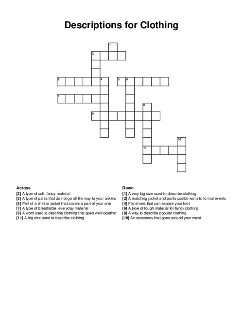 Descriptions for Clothing Crossword Puzzle