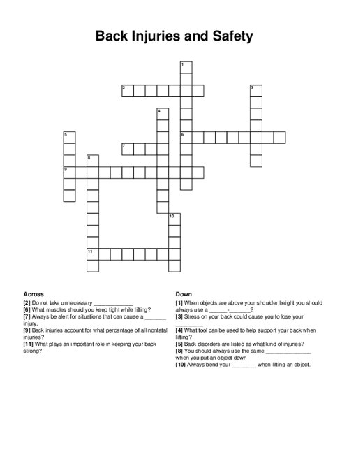 Back Injuries and Safety Crossword Puzzle